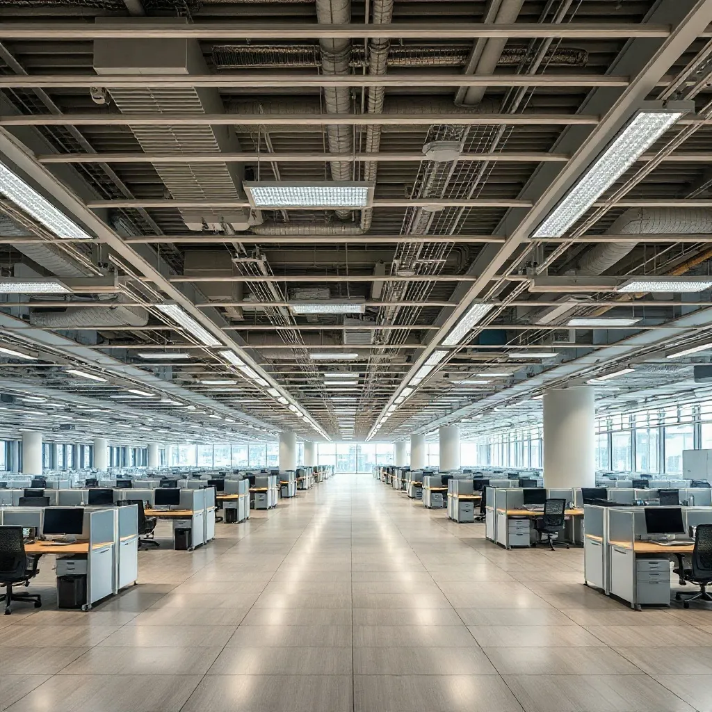 High angle wide shot of empty modern smart office architectu